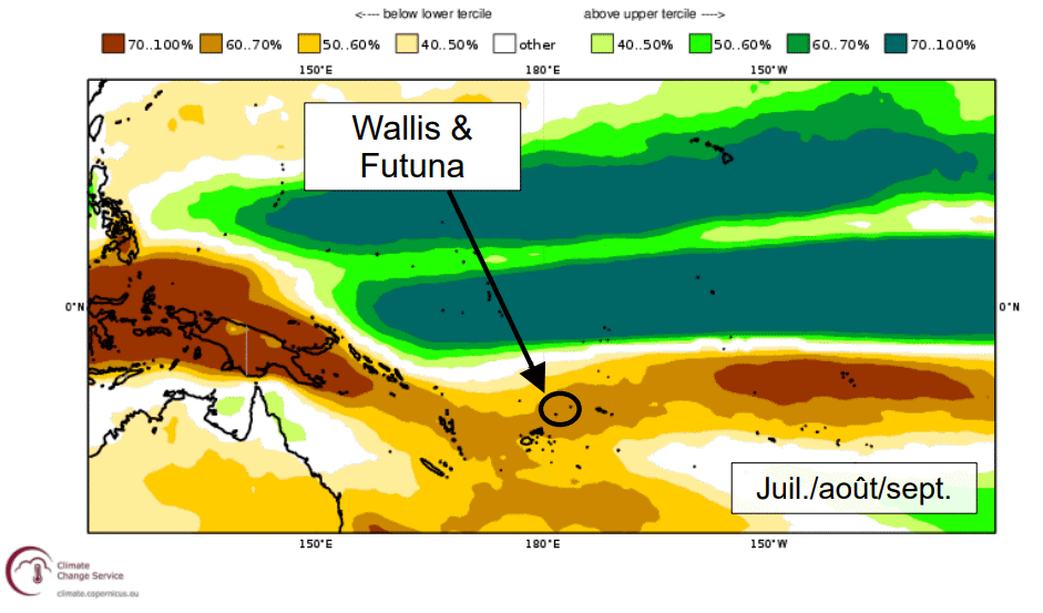  Prévisions probabilistes des anomalies de pluie entre juin et octobre 2026 Source : Prévision d’ensemble multi-modèles, Copernicus, mai 2026 