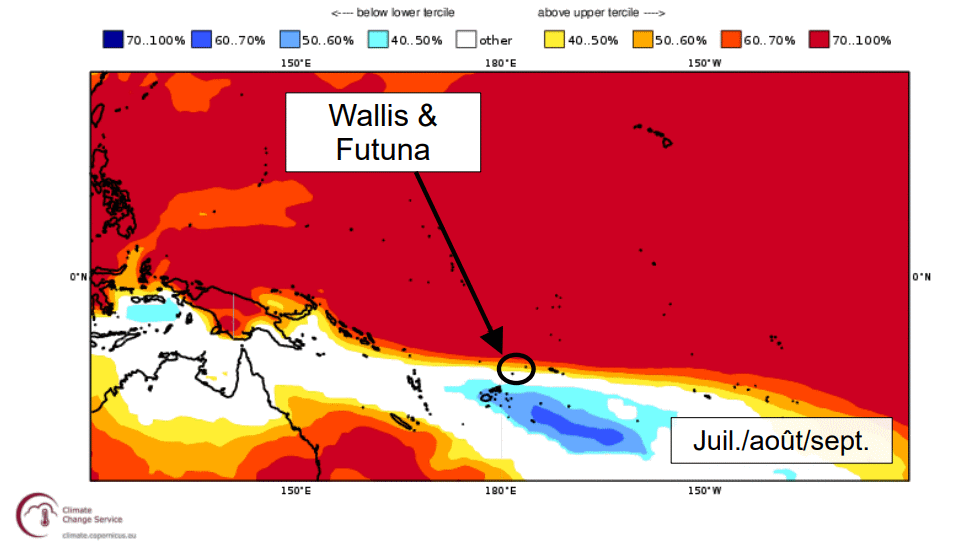 Prévisions probabilistes des anomalies de température entre juillet et septembre 2026 par rapport à la normale 1993-2016. Source : Source : Prévision d’ensemble multi-modèles, Copernicus, mai 2026. 
